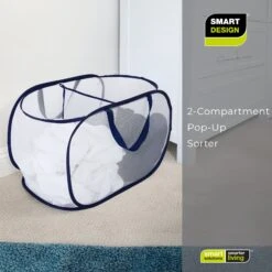 Deluxe Mesh Pop-Up 2-Compartment Laundry Sorter Hamper Basket - White(Pop Up 2 Compartment Laundry Sorter) -Shop Smart Design deluxe mesh pop up 2 compartment laundry sorter hamper basket white smart design laundry 3147115 2497325