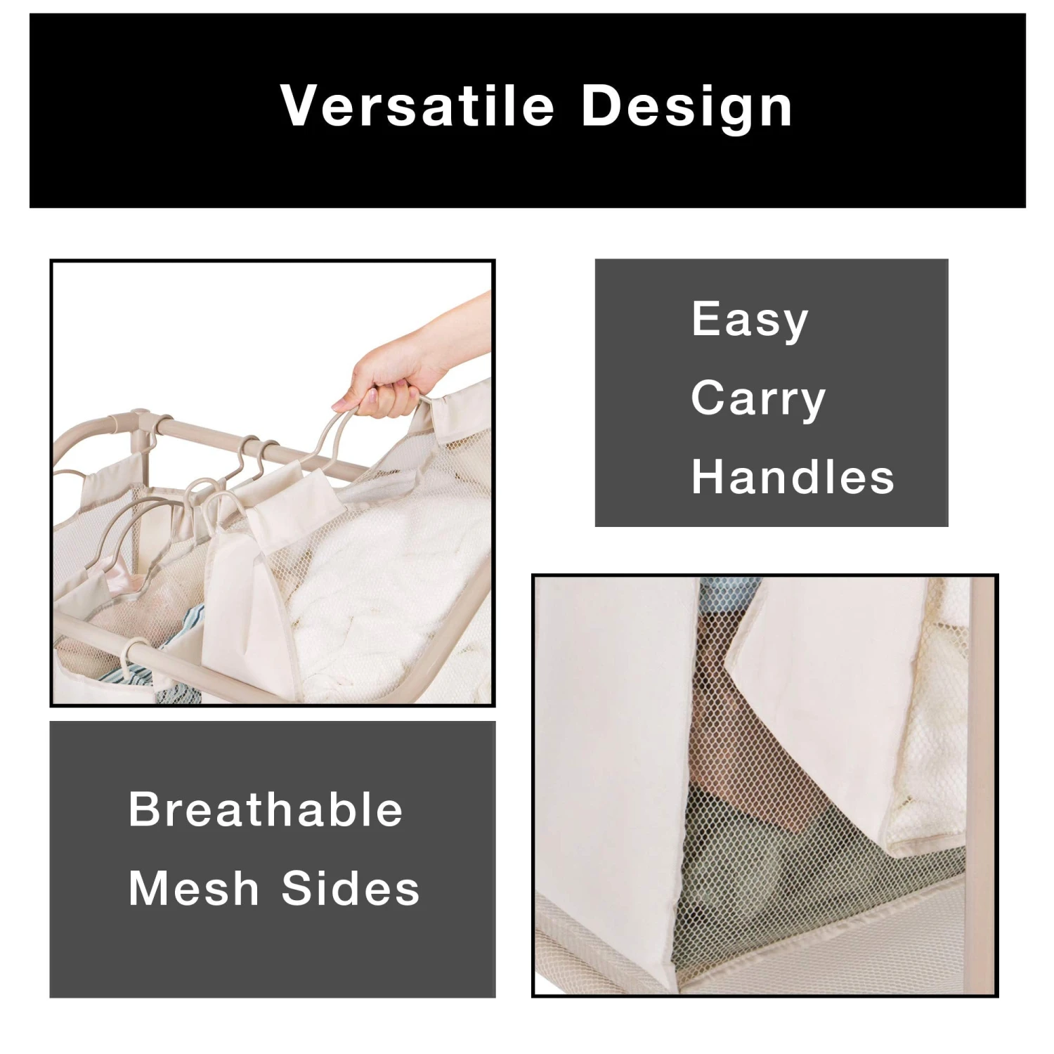 Deluxe Rolling Triple-Compartment Laundry Sorter Hamper With Wheels - 30 X 32 Inch - Beige(Rolling Triple Compartment Laundry Sorter) 6 Deluxe Rolling Triple-Compartment Laundry Sorter Hamper With Wheels - 30 X 32 Inch - Beige(Rolling Triple Compartment Laundry Sorter) - Image 4