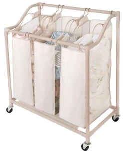 Deluxe Rolling Triple-Compartment Laundry Sorter Hamper With Wheels - 30 X 32 Inch - Beige(Rolling Triple Compartment Laundry Sorter)