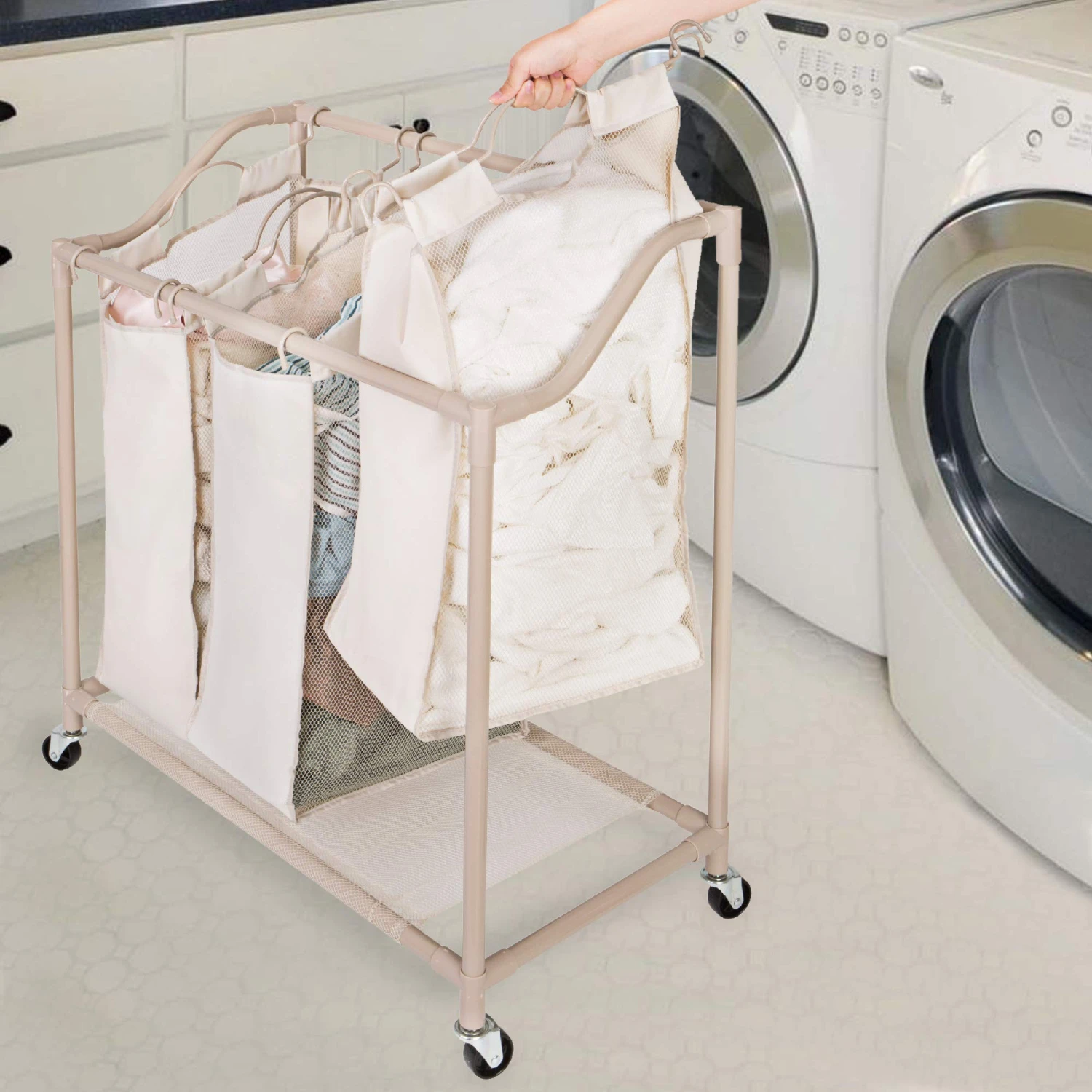 Deluxe Rolling Triple-Compartment Laundry Sorter Hamper With Wheels - 30 X 32 Inch - Beige(Rolling Triple Compartment Laundry Sorter) 4 Deluxe Rolling Triple-Compartment Laundry Sorter Hamper With Wheels - 30 X 32 Inch - Beige(Rolling Triple Compartment Laundry Sorter) - Image 2