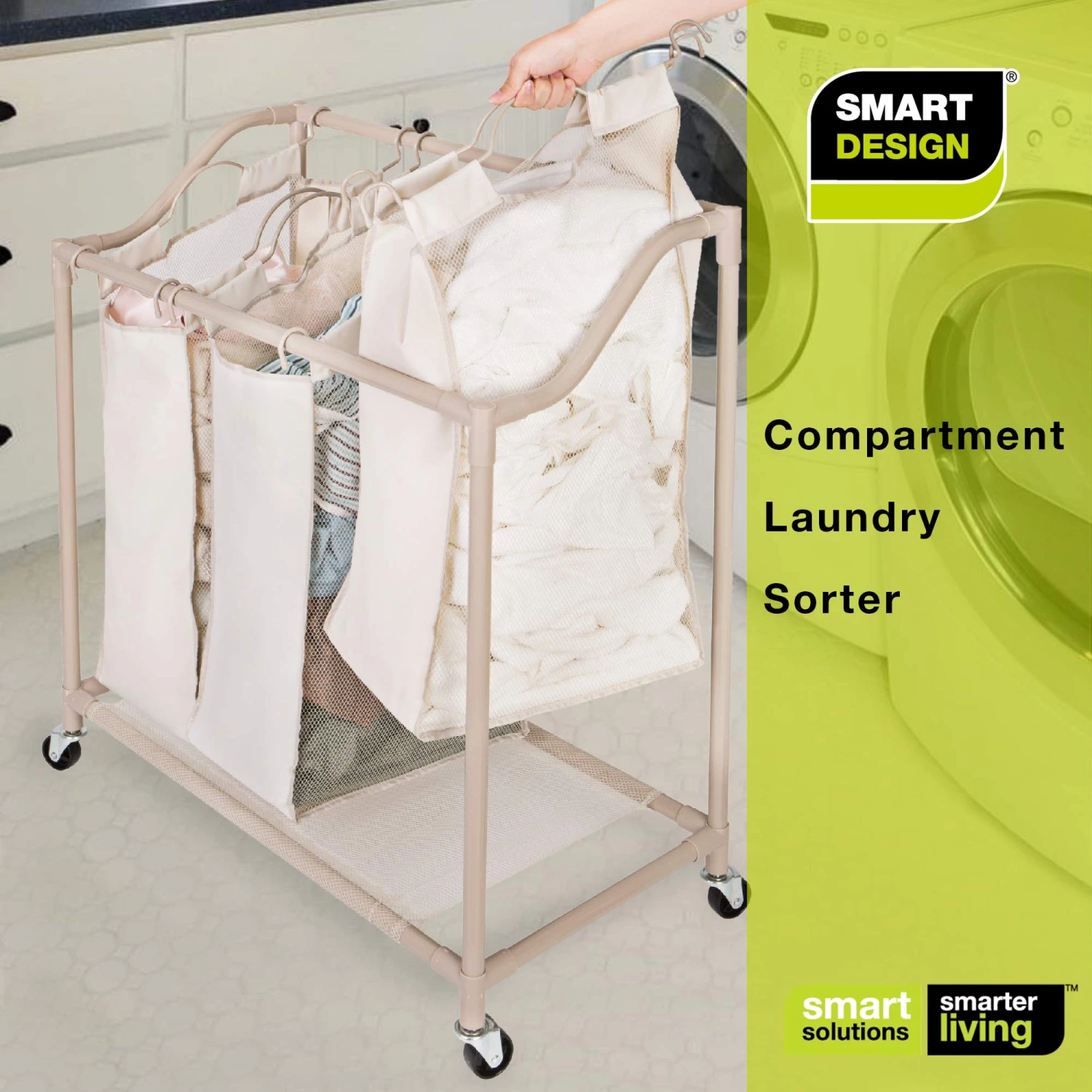 Deluxe Rolling Triple-Compartment Laundry Sorter Hamper With Wheels - 30 X 32 Inch - Beige(Rolling Triple Compartment Laundry Sorter) 9 Deluxe Rolling Triple-Compartment Laundry Sorter Hamper With Wheels - 30 X 32 Inch - Beige(Rolling Triple Compartment Laundry Sorter) - Image 7
